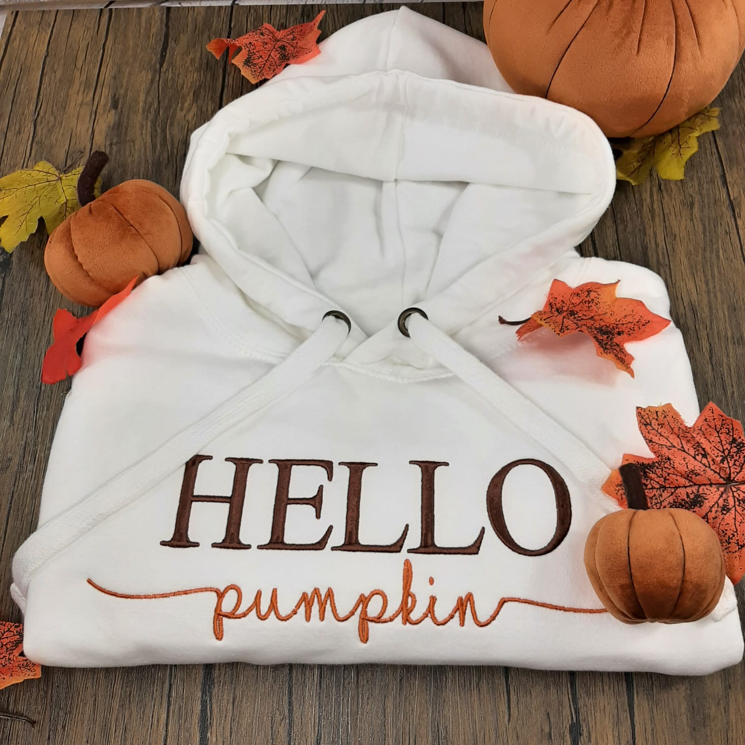 hello pumpkin hoodie/sweater embroidered halloween or autumn design in white and other colours