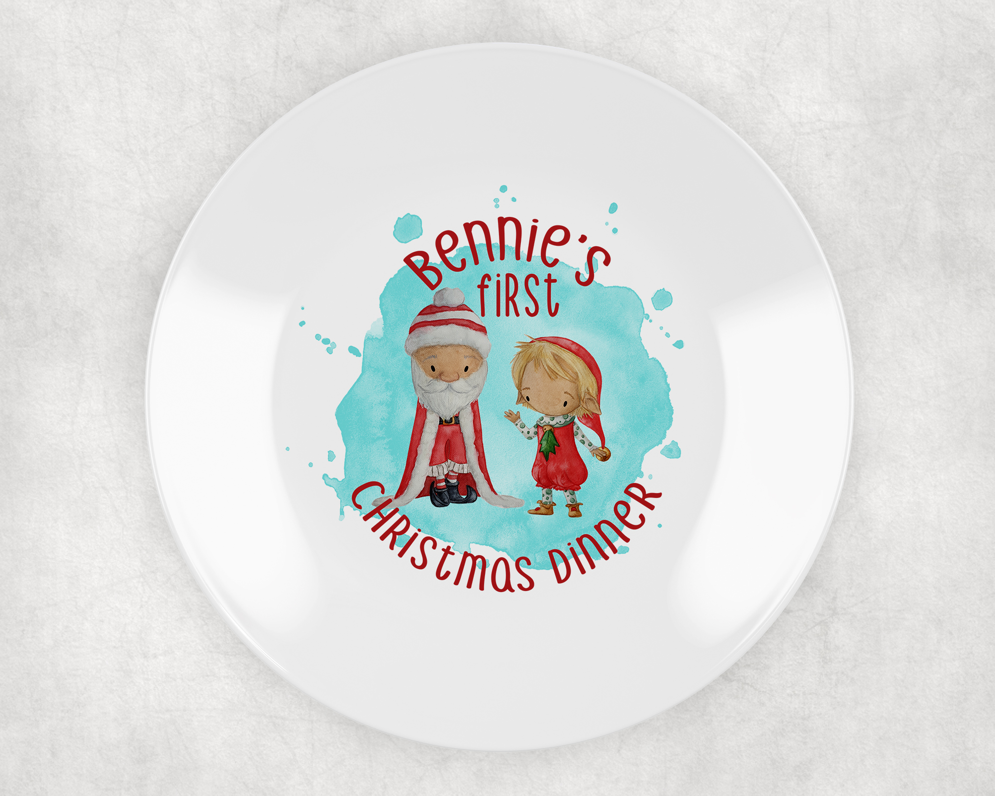 my first christmas plate personalised with santa and elf. ideal plastic non breakable plate. santa boy elf blond hair blue background