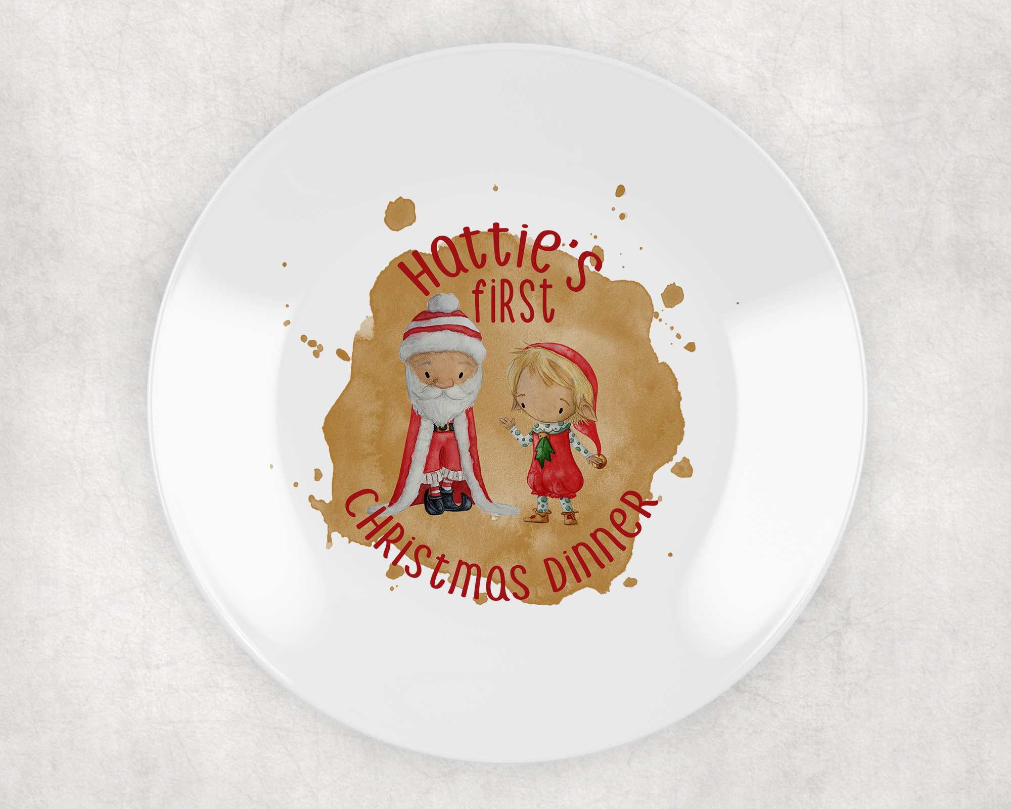 my first christmas plate personalised with santa and elf. ideal plastic non breakable plate. santa boy elf blond hair gold background