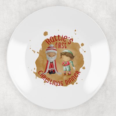 my first christmas plate personalised with santa and elf. ideal plastic non breakable plate. santa boy elf brown hair gold background