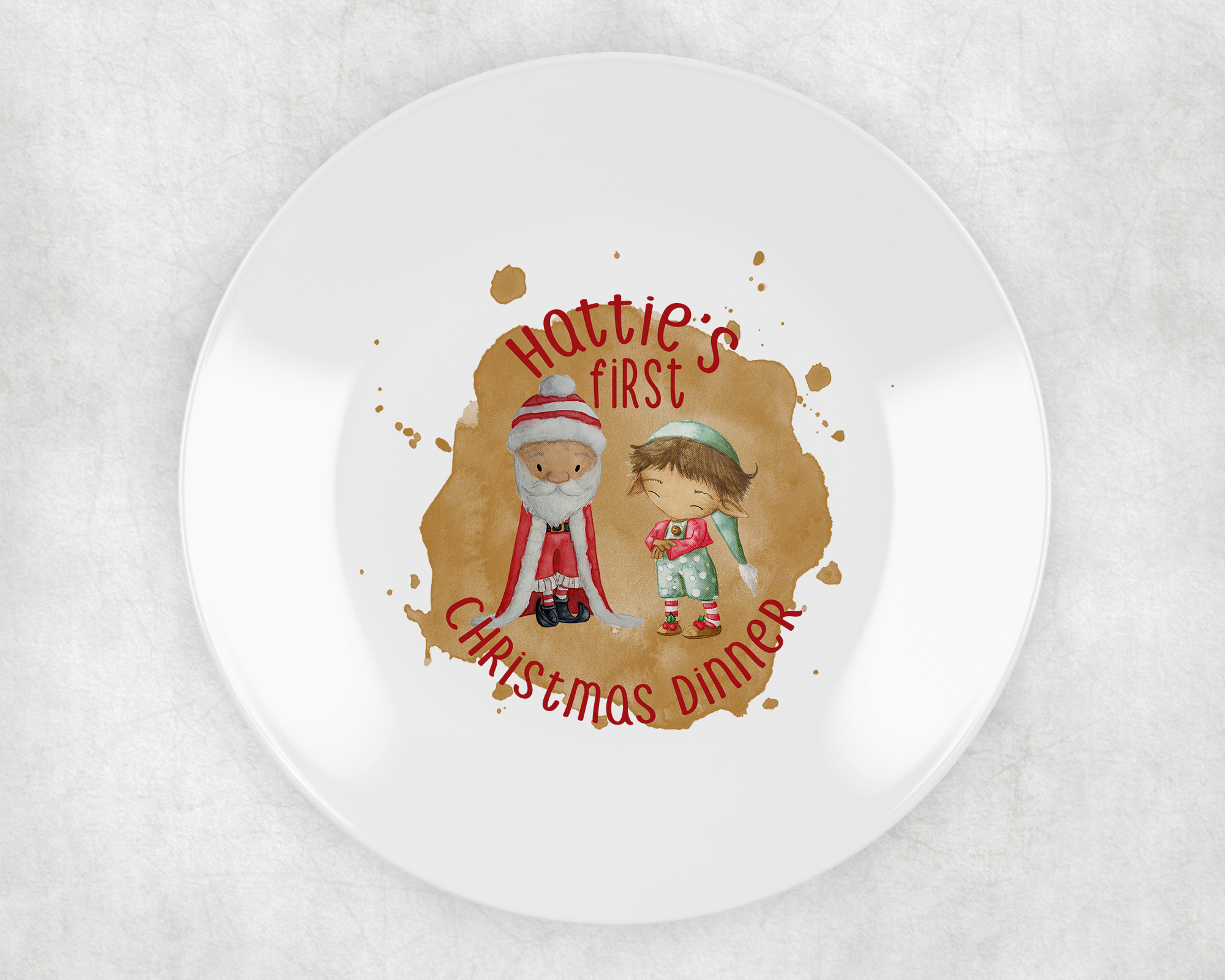 my first christmas plate personalised with santa and elf. ideal plastic non breakable plate. santa boy elf brown hair gold background