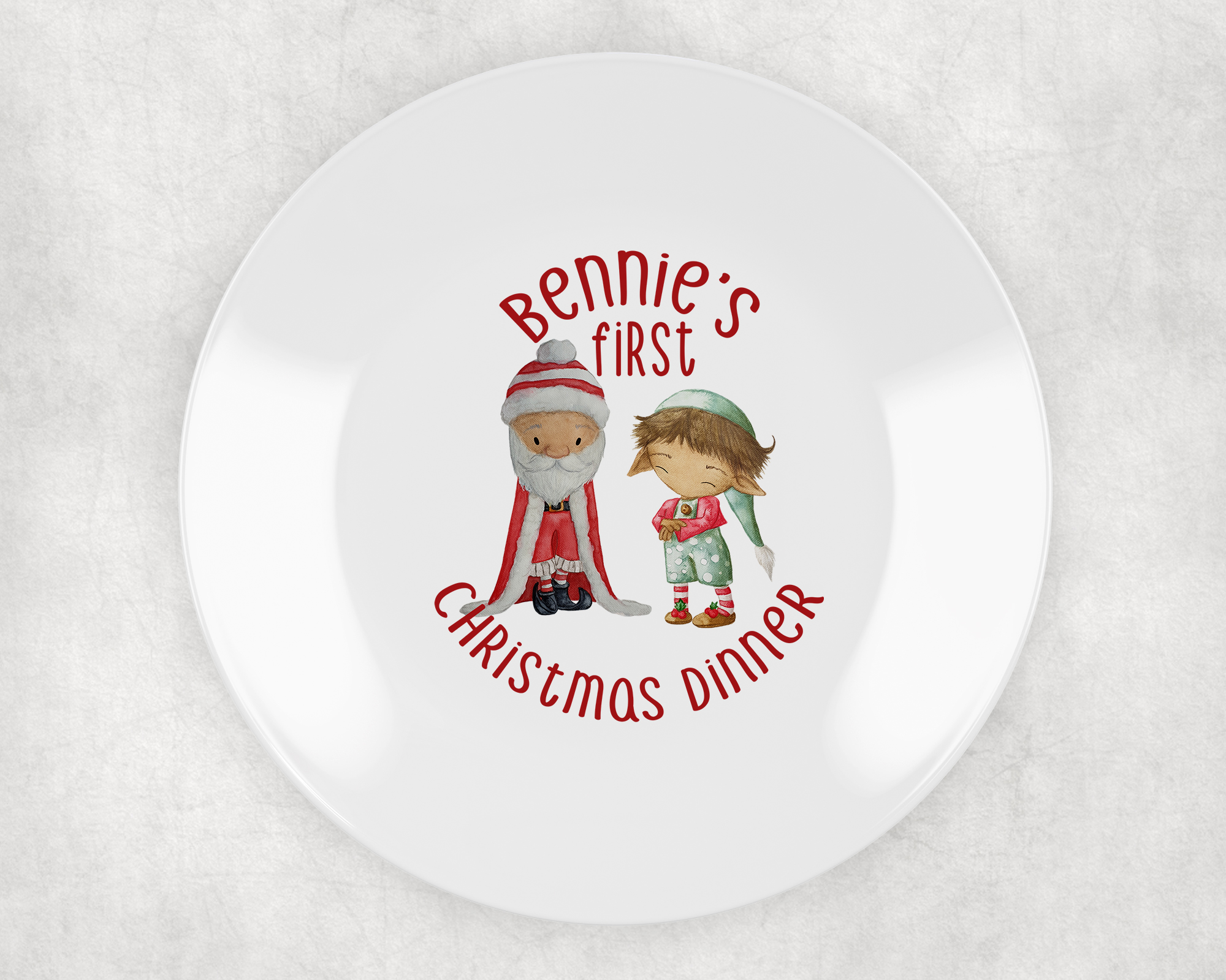 my first christmas plate personalised with santa and elf. ideal plastic non breakable plate. santa boy elf brown hair no background