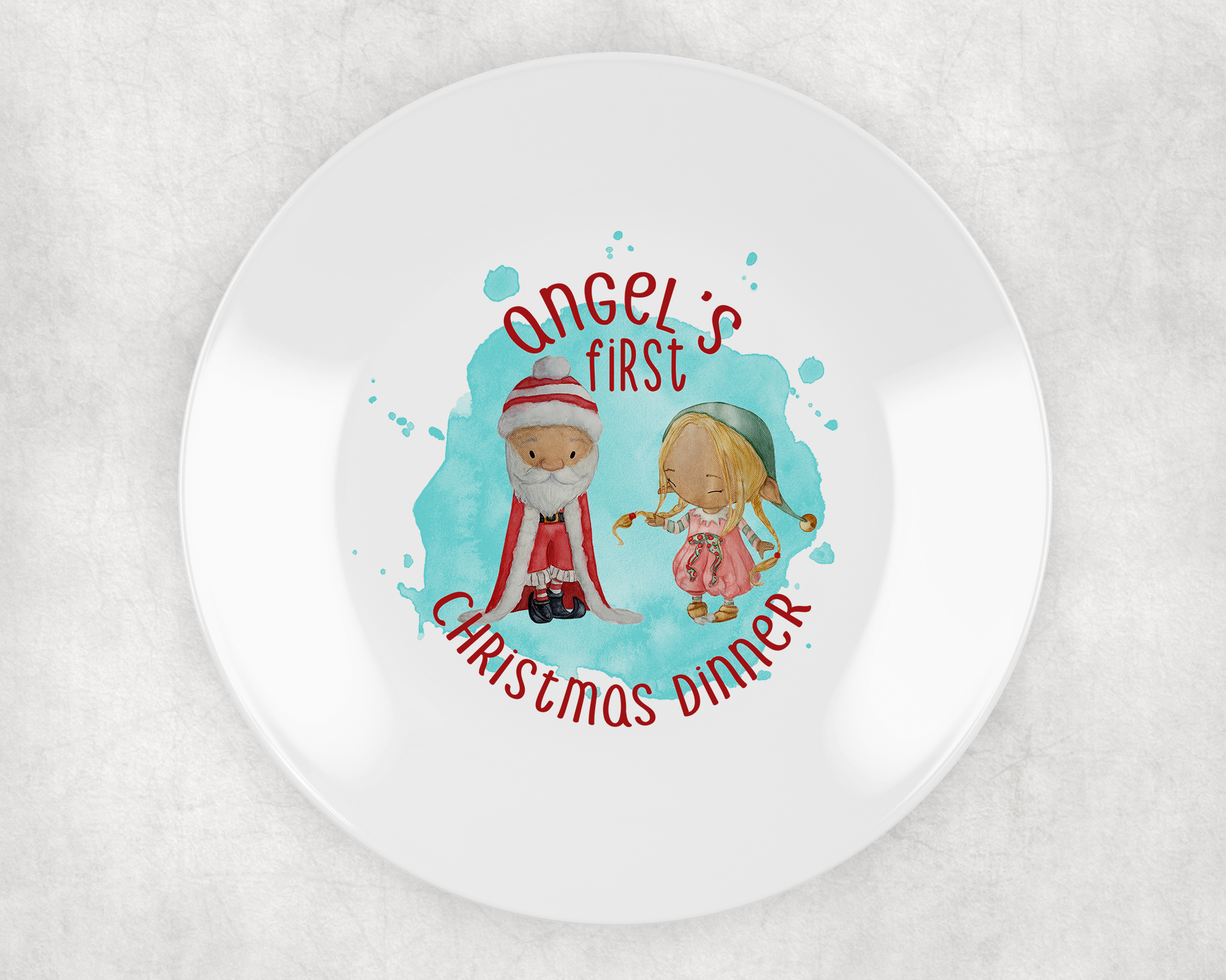 my first christmas plate personalised with santa and elf. ideal plastic non breakable plate. santa girl elf blond hair blue background
