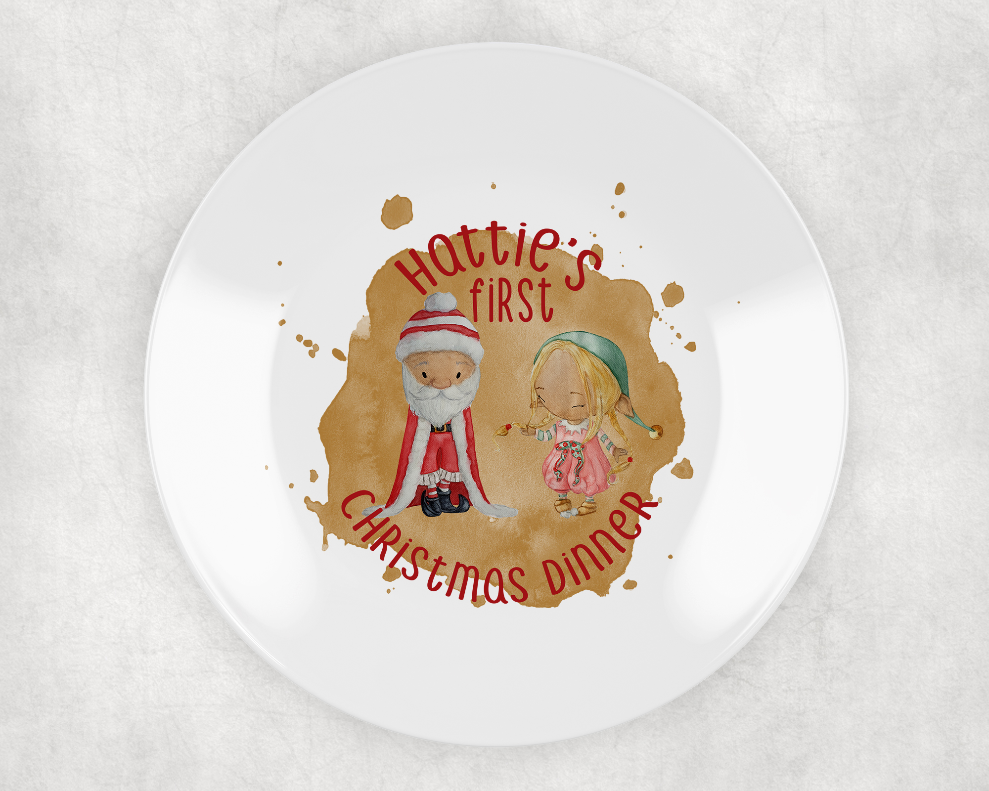 my first christmas plate personalised with santa and elf. ideal plastic non breakable plate. santa girl elf blond hair gold background