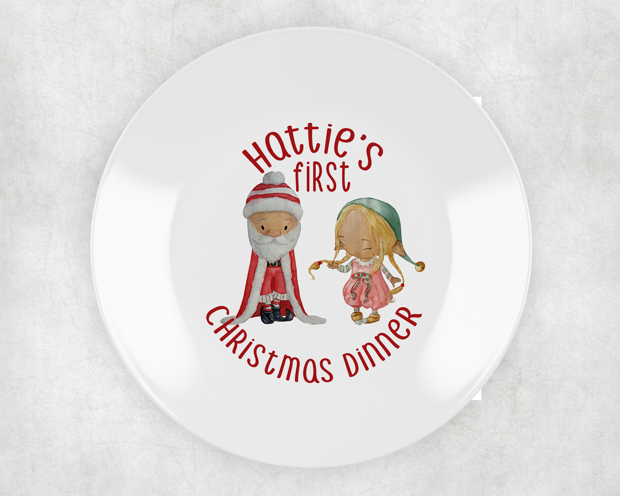 my first christmas plate personalised with santa and elf. ideal plastic non breakable plate. santa, girl elf with blond hair, no background