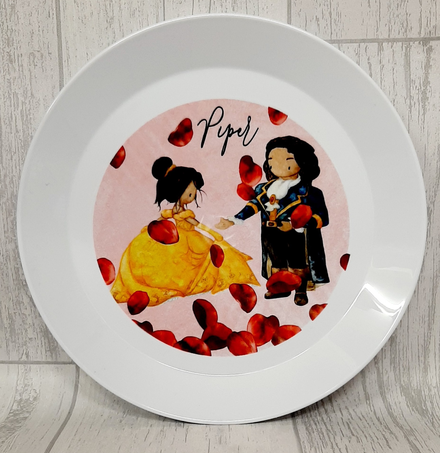 Children's Plastic Dinner Set with personalised plastic cutlery, plate and mini mug in Beauty and the Beast theme
