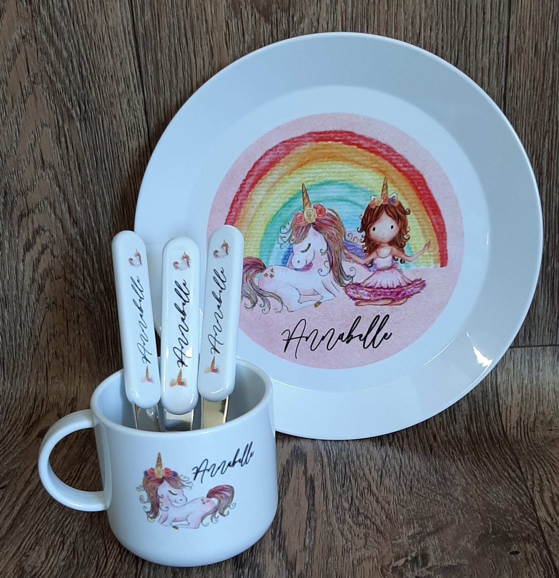 Children's Plastic Dinner Set with personalised plastic cutlery, plate and mini mug in rainbow unicorns
