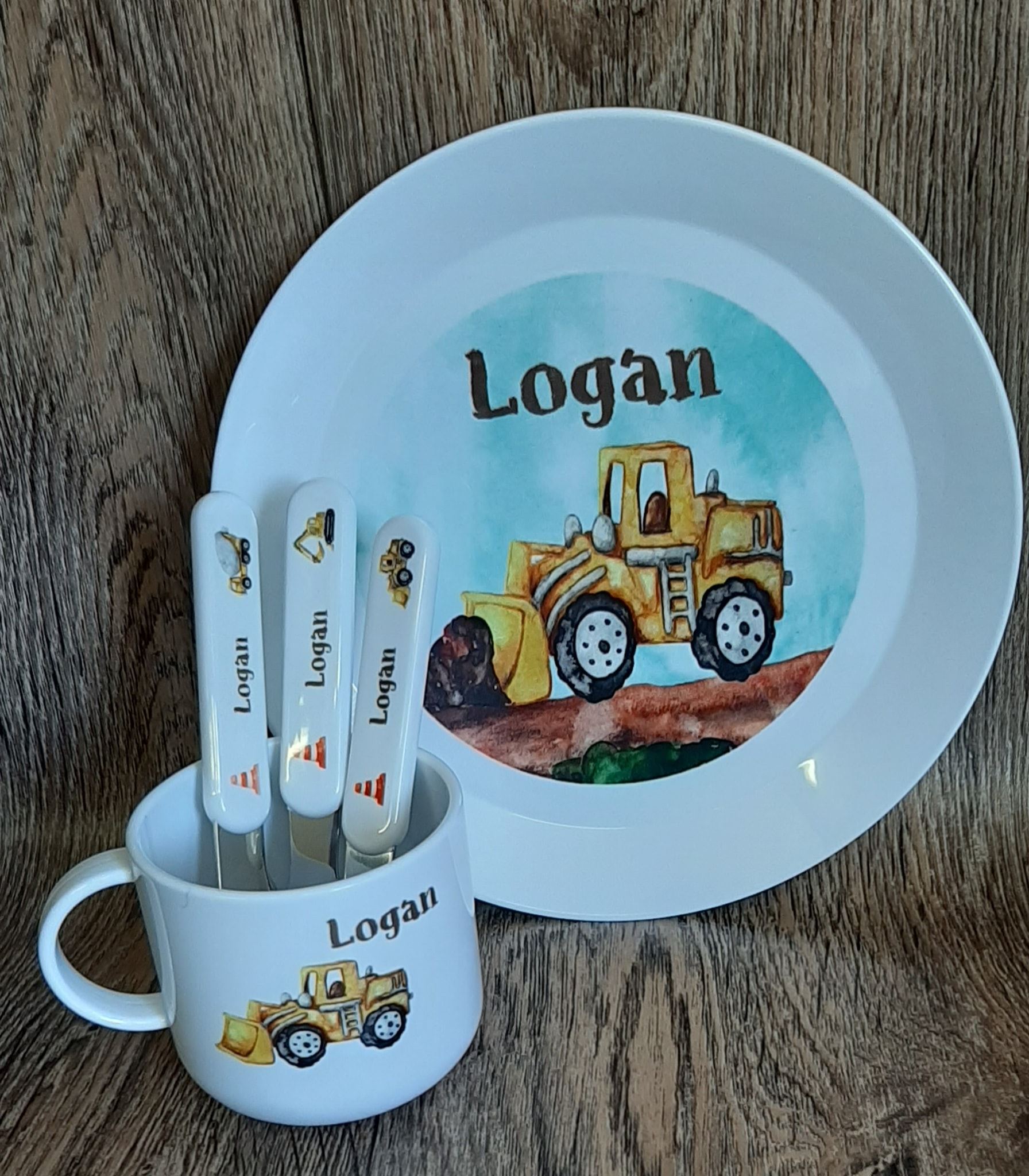Children's Plastic Dinner Set with personalised plastic cutlery, plate and mini mug with diggers