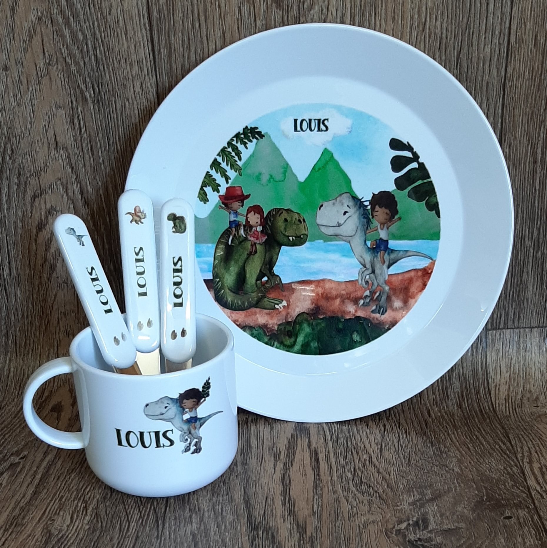 Children's Plastic Dinner Set with personalised plastic cutlery, plate and mini mug with dinosaurs