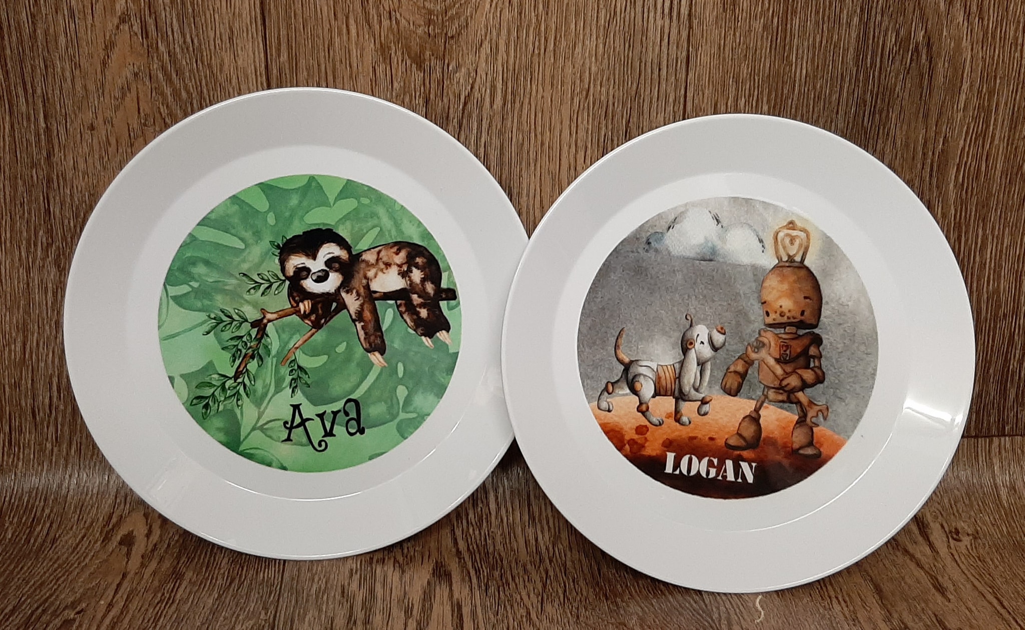 Children's Plastic Dinner Set with personalised plastic cutlery, plate and mini mug with robots and sloths