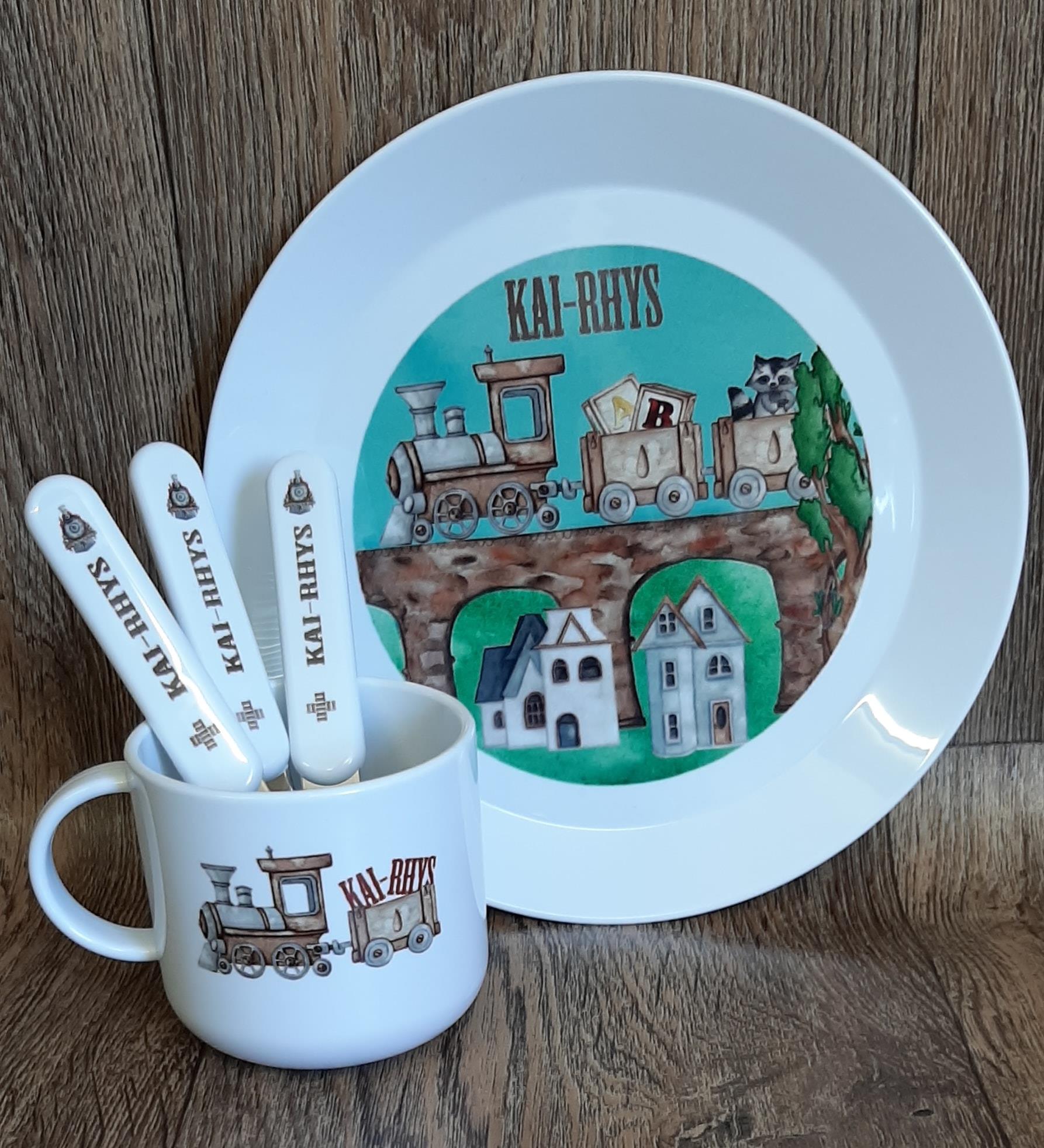 Children's Plastic Dinner Set with personalised plastic cutlery, plate and mini mug with trains