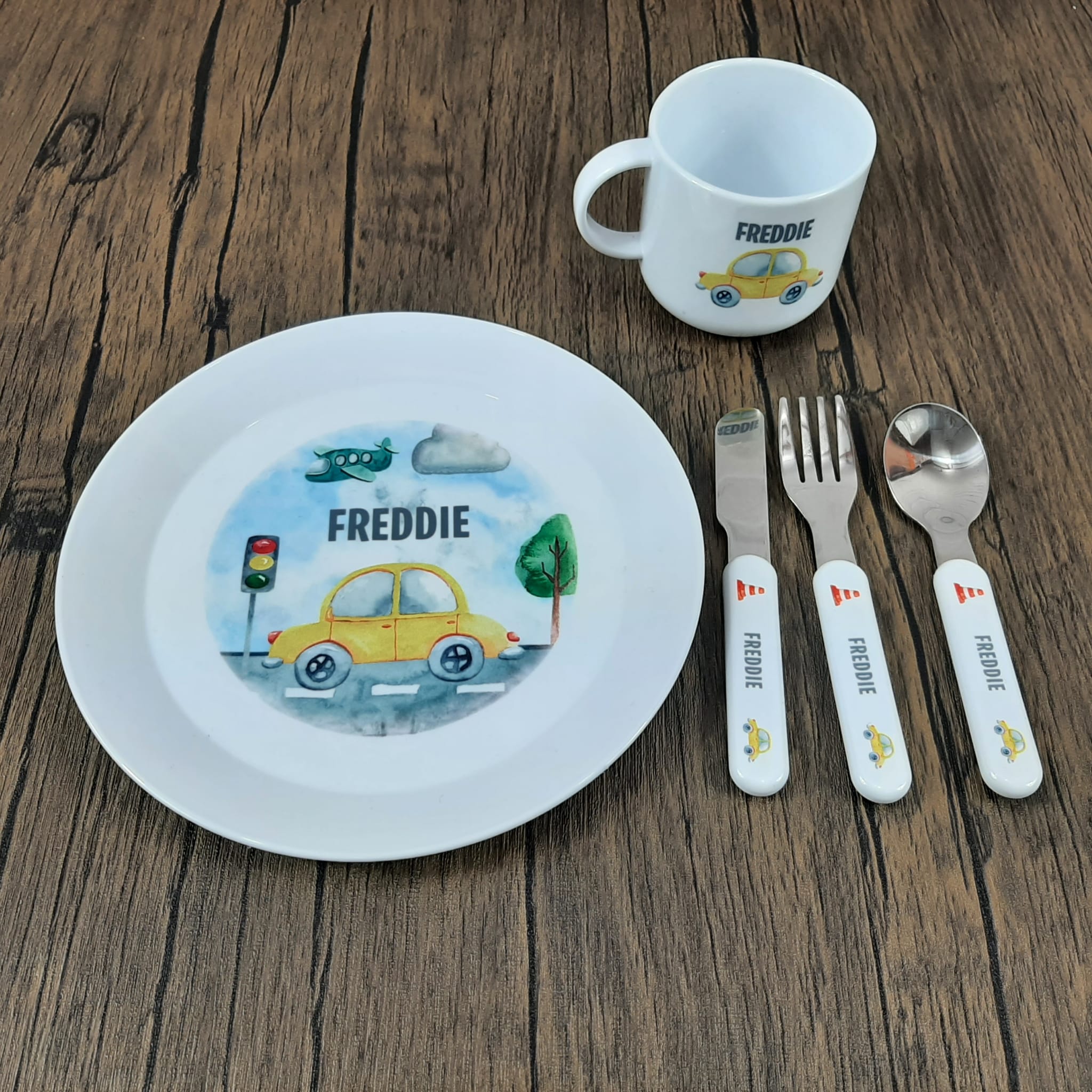 Children's Plastic Dinner Set, with plate, mug and cutlery with personalisation and fun designs. This one is a car