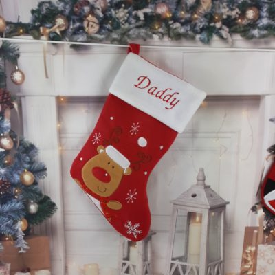 red luxury christmas stocking with embroidered personalised name with reindeer
