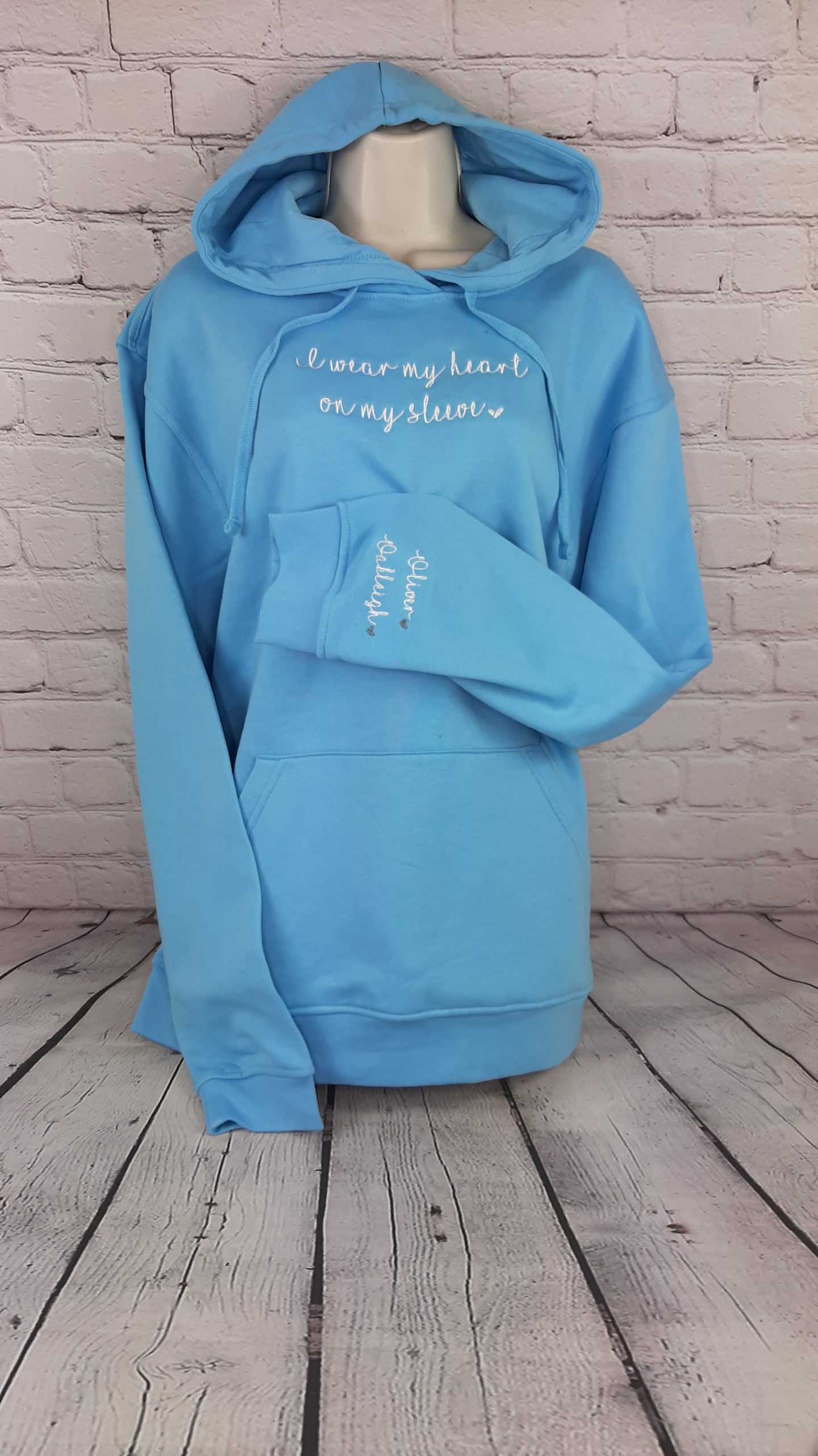 Heart on my Sleeve Hoodie, personalised mother day present of gift for mum gift for her, embroidered with names and hearts on sleeve.