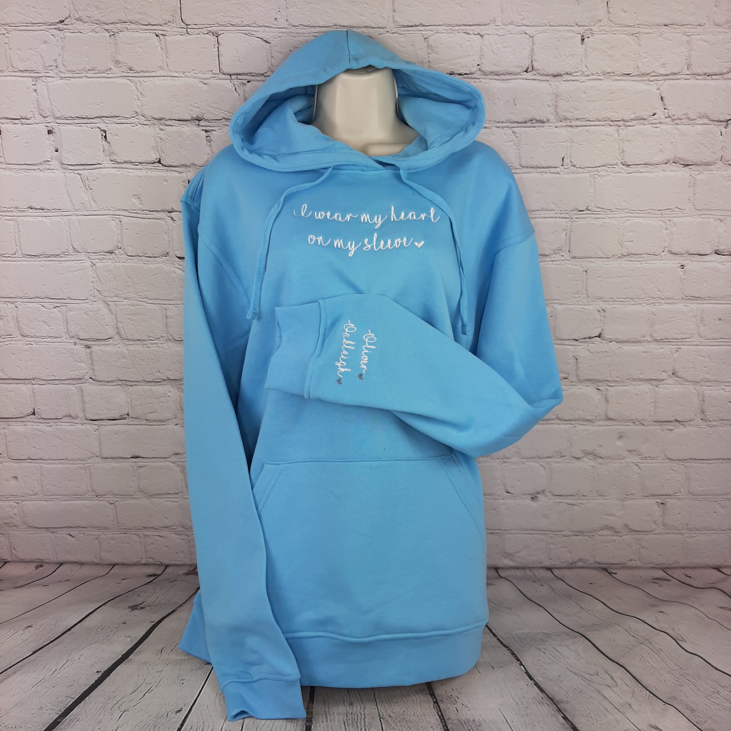 Heart on my Sleeve Hoodie, personalised mother day present of gift for mum gift for her, embroidered with names and hearts on sleeve. in blue script font, Gift for mum, gift for her