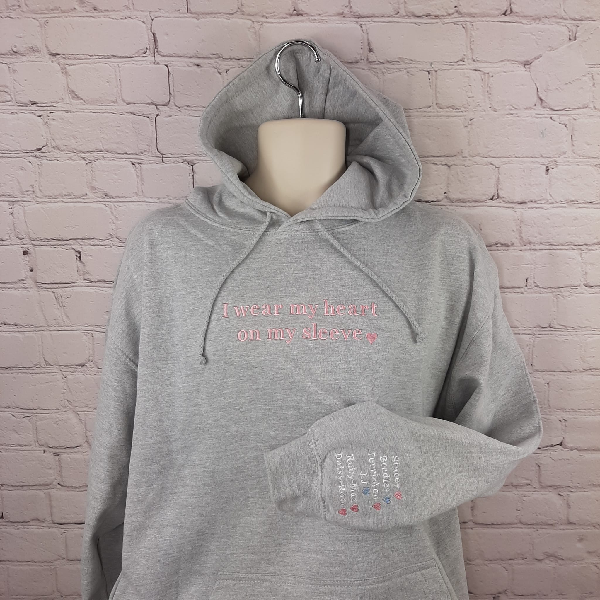Heart on my Sleeve Hoodie, personalised mother day present of gift for mum gift for her, embroidered with names and hearts on sleeve. in blue script font