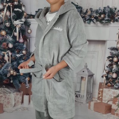 Grey Fleece Personalised Dressing Gown For Children great present and is embroidered name for personalised gift modelled