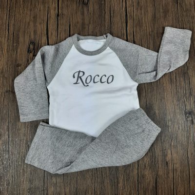 grey and white name pjs, embroidered and personalised gifts for children and kids for christmas. name is embroidered