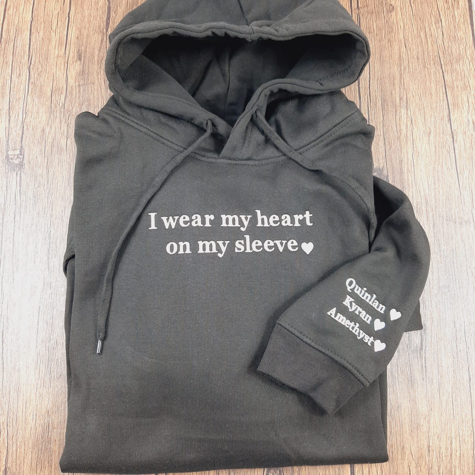 Heart on my Sleeve Hoodie, personalised mother day present of gift for mum gift for her, embroidered with names and hearts on sleeve. in black