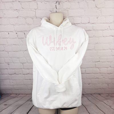 wifey hubby hoodie with embroidered design with est. date. great valentines day or anniversary gift folded gift for her gift for him manniquin