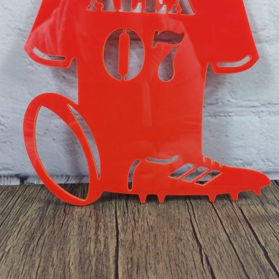 Sports sign in 3mm acrylic for footbal or rugby fans teams. Personalised t shirt man u fan red blue west ham white