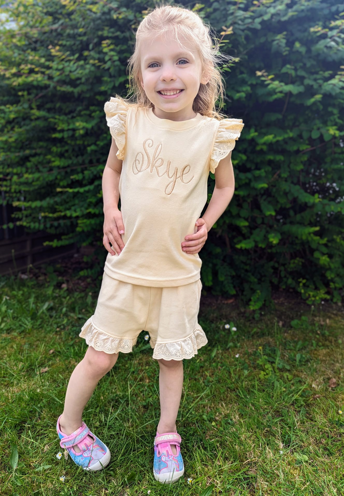 frill shorts and t-shirt set for summer personalised with embroidered name across the chest great gift for kids
