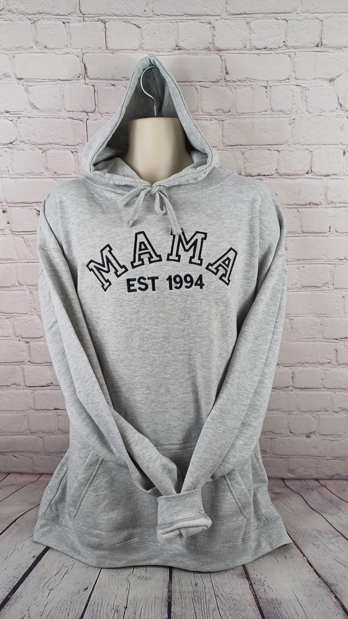 mama papa hoodies bold statement jumper or hoodies for mothers day or fathers day gift for nan established date embroidered tall on manniquin