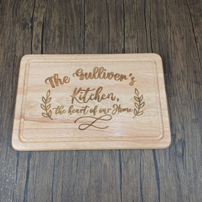 Rectangular wooden chopping board with family kitchen engraved design and personalisation ideal gift for him gift for her