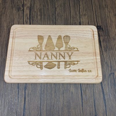 Rectangular wooden chopping board with kitchen utensil design and personalisation ideal gift for him gift for her