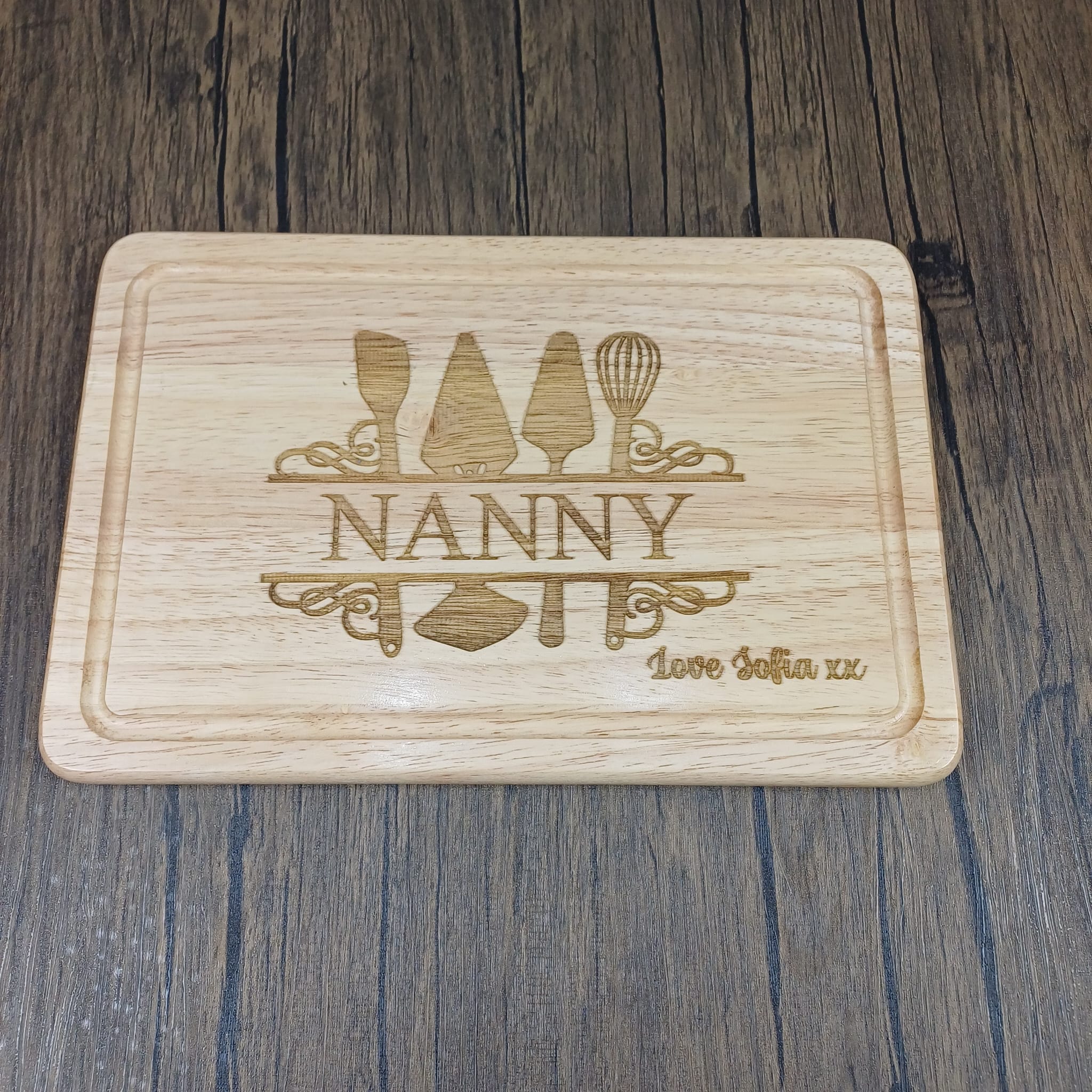 Rectangular wooden chopping board with kitchen utensil design and personalisation ideal gift for him gift for her