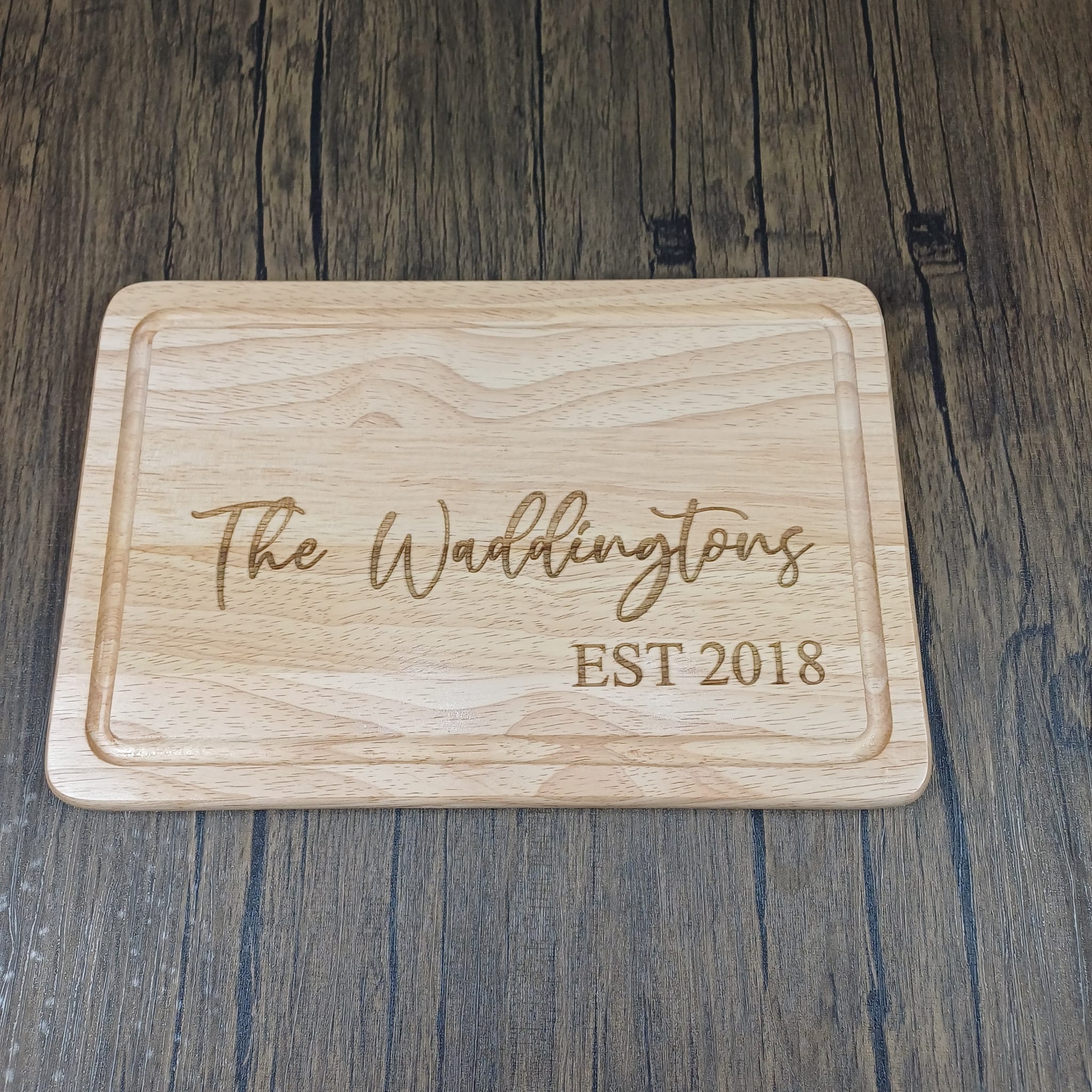 Rectangular wooden chopping board with wedding family name engraved design and personalisation ideal gift for him gift for her