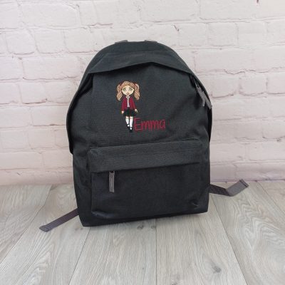 School Character Bag with embroidered personalised girl or boy doll with names or initials. back to school. black pink navy blue