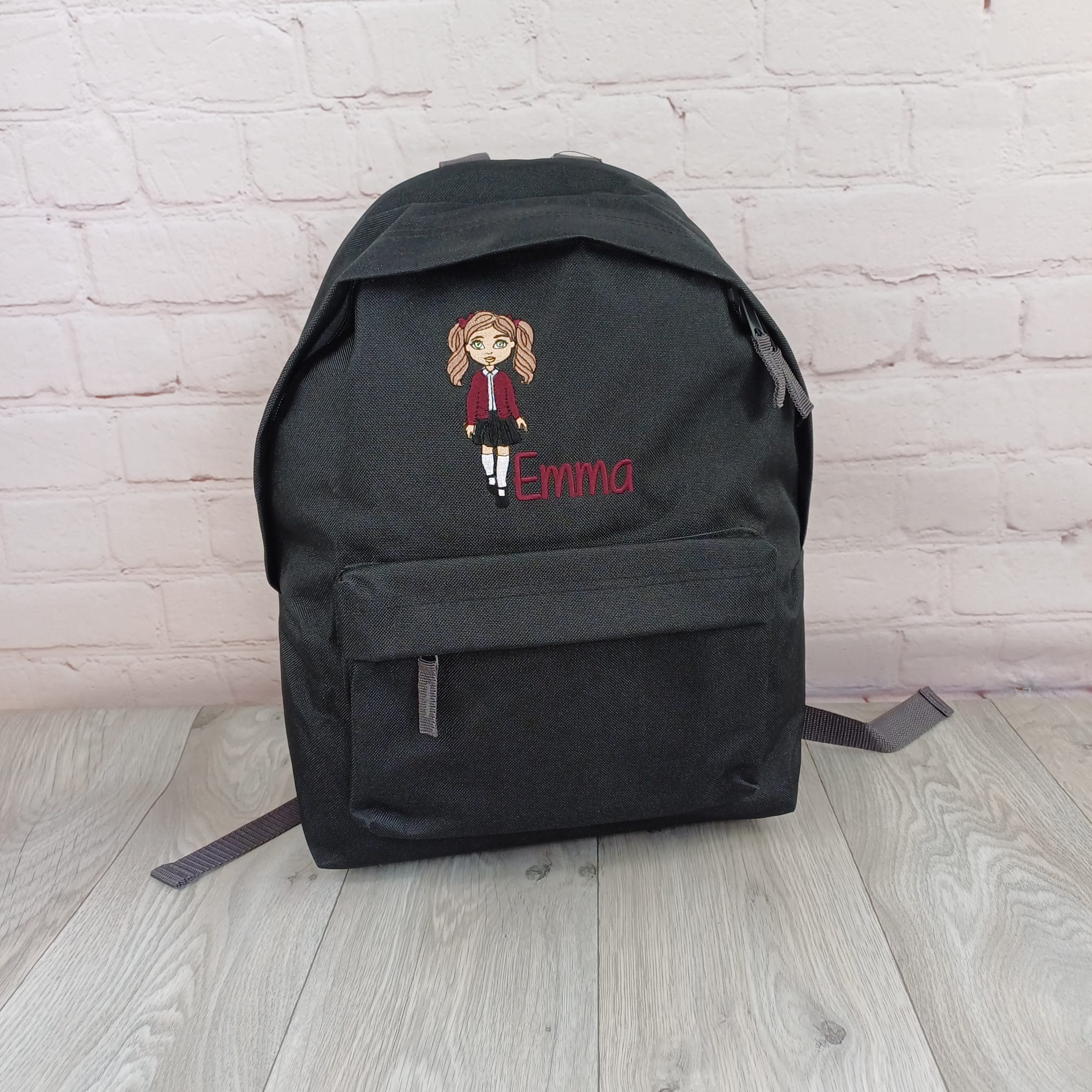 School Character Bag with embroidered personalised girl or boy doll with names or initials. back to school. black pink navy blue