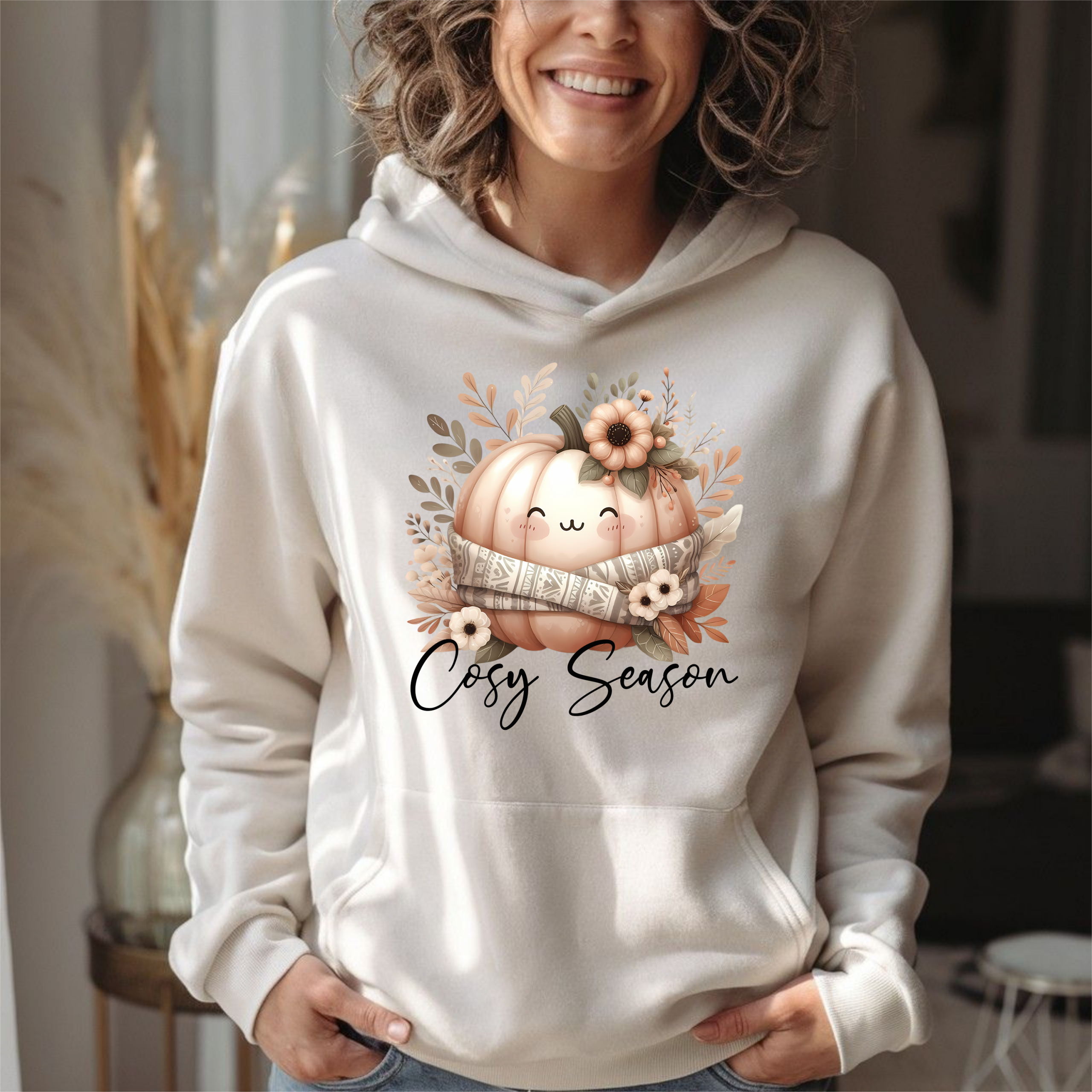 Boho Autumn Cozy Pumpkin Jumper with pumpkin scarf sweater weather hoodie