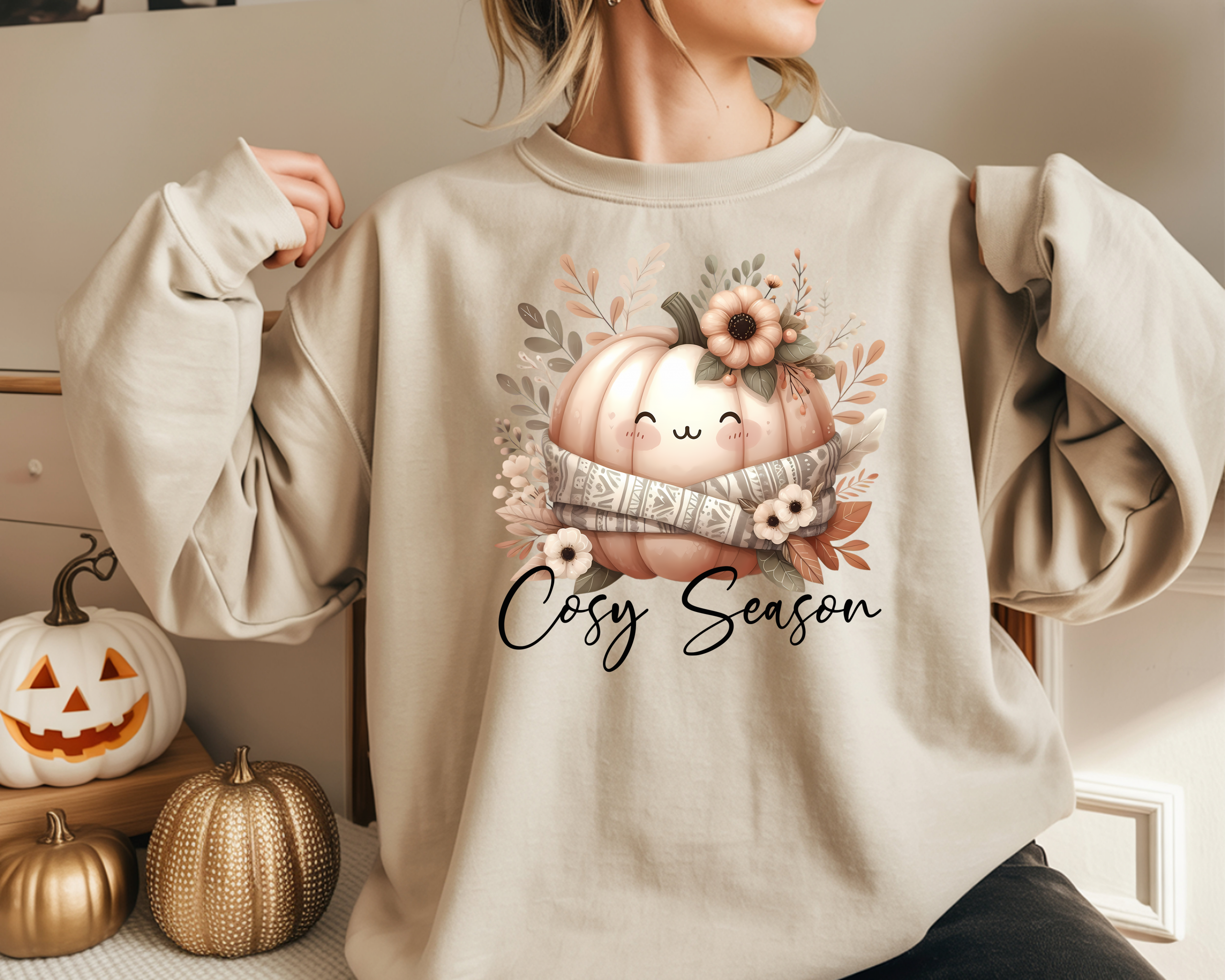 Boho Autumn Cozy Pumpkin Jumper with pumpkin scarf sweater weather jumper