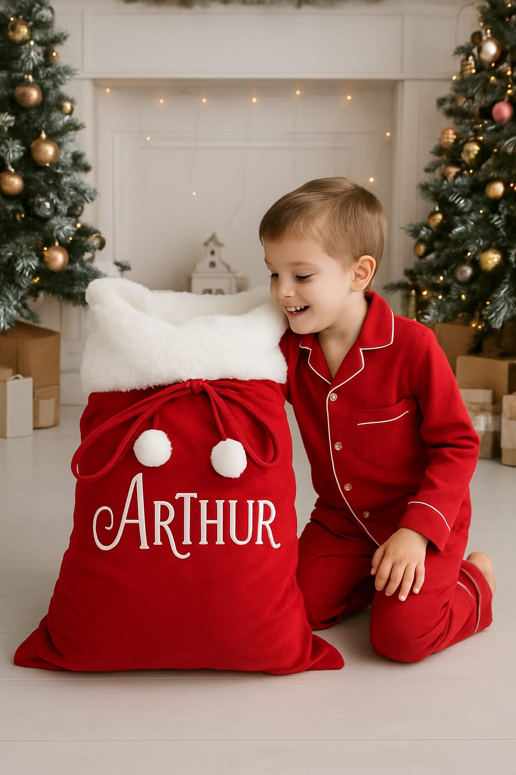 Luxury Personalised Christmas Sack in traditional red and white plush fabric, lined for durability and finished with fluffy pom poms. Generous size or stockings mock