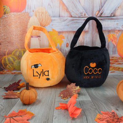 Personalised Halloween Plush Bucket orange embroidered with bat spider trick or treat bag black