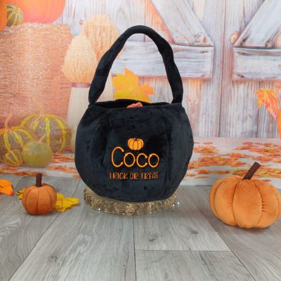 Personalised Halloween Plush Bucket orange embroidered with bat spider trick or treat bag black sweets