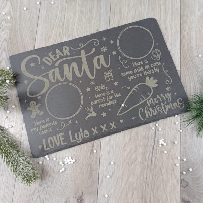Personalised Slate Treat Santa Board, plate for Father Christmas Treats, Christmas eve tradition, first Christmas Carrot milk cookies pie empty light