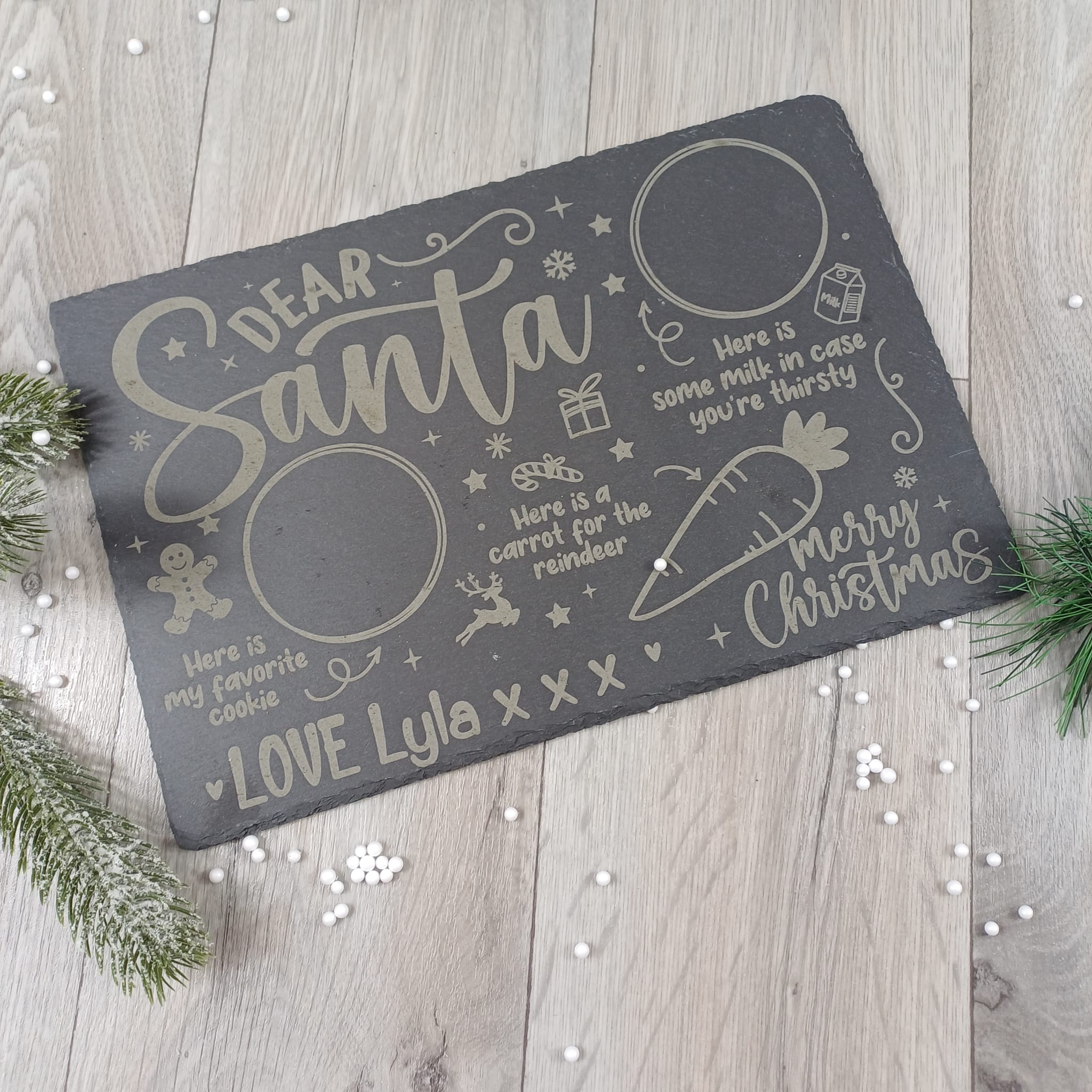 Personalised Slate Treat Santa Board, plate for Father Christmas Treats, Christmas eve tradition, first Christmas Carrot milk cookies pie empty light
