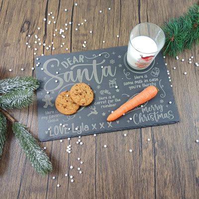 Personalised Slate Santa Treat Board, plate for Father Christmas Treats, Christmas eve tradition, first Christmas Carrot milk cookies pie in use dark