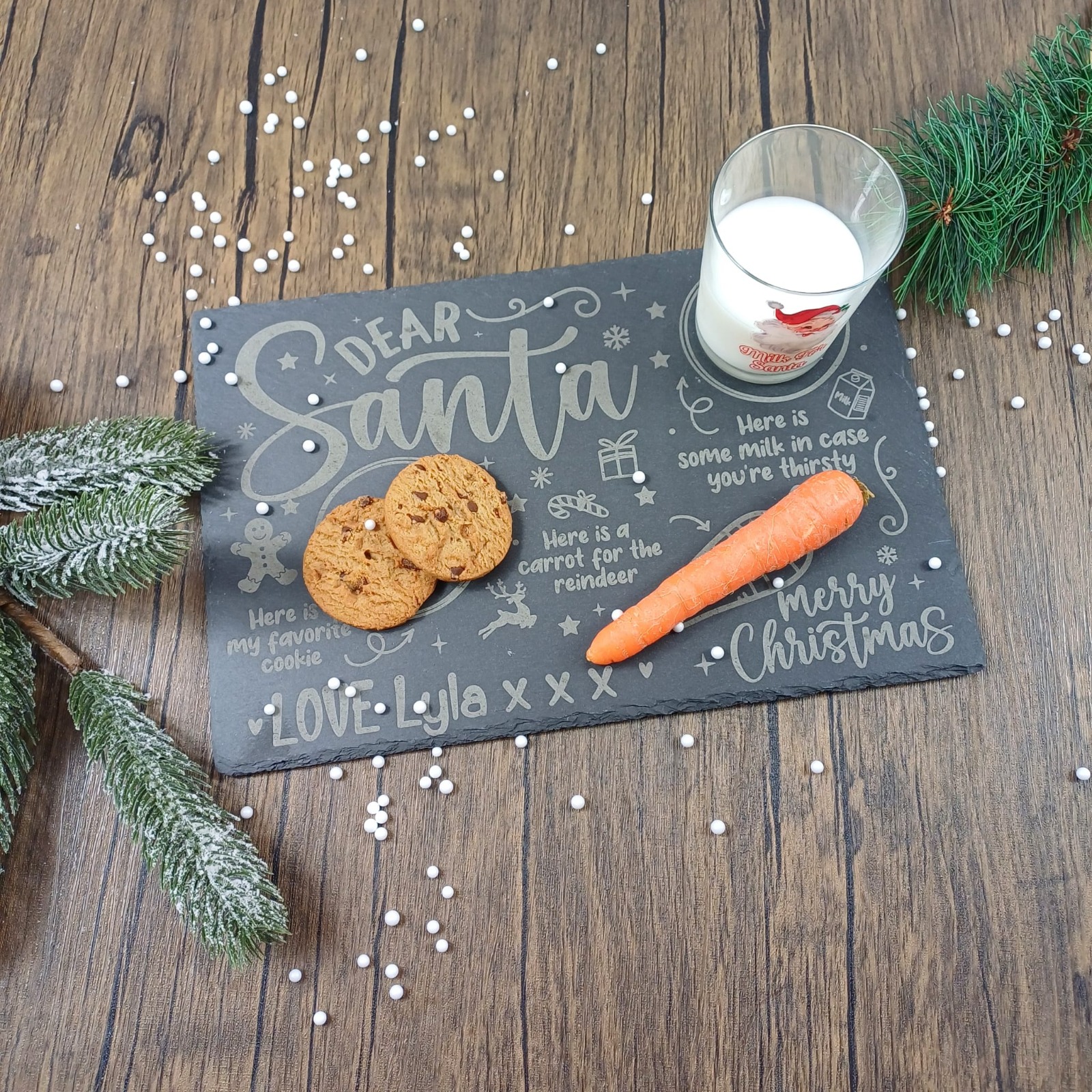 Personalised Slate Santa Treat Board, plate for Father Christmas Treats, Christmas eve tradition, first Christmas Carrot milk cookies pie in use dark
