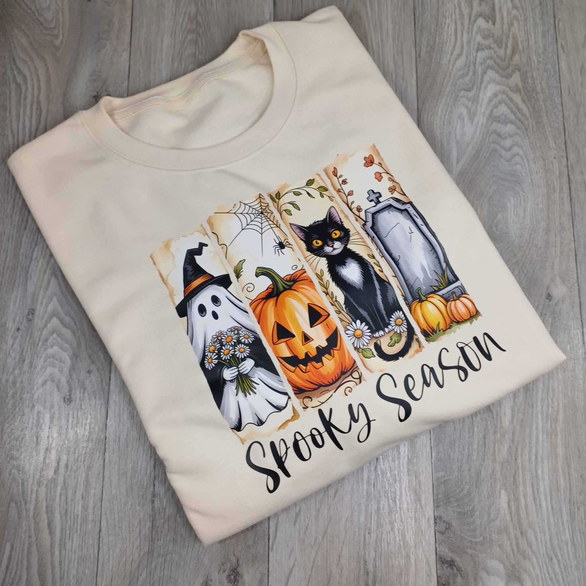 Spooky Season Jumper, autumn, halloween jumper or hoody adults, hello pumpkin cat ghost laid