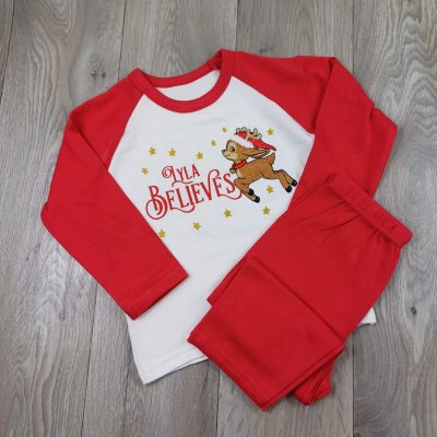 Personalised Red and White Christmas Pyjamas with cute reindeer embroidered not printed for first christmas traditional