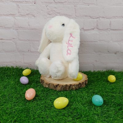 Fluffy Bunny with Personalised Ear - embroidered rabbit with name for first easter gift or new baby