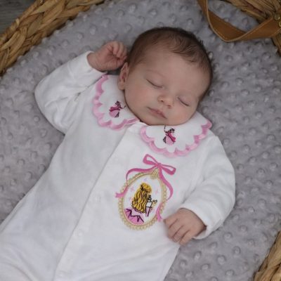 Personalised Baby Sleepsuit – White Collared Newborn Babygrow Aurora sleeping beauty disney, new baby gift embroidered on baby
