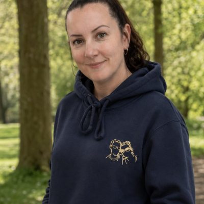 Personalised Couple Embroidered Hoodie or Jumper with outline designs of couple. Great wedding, anniversary of Valentines gift. Navy and beige