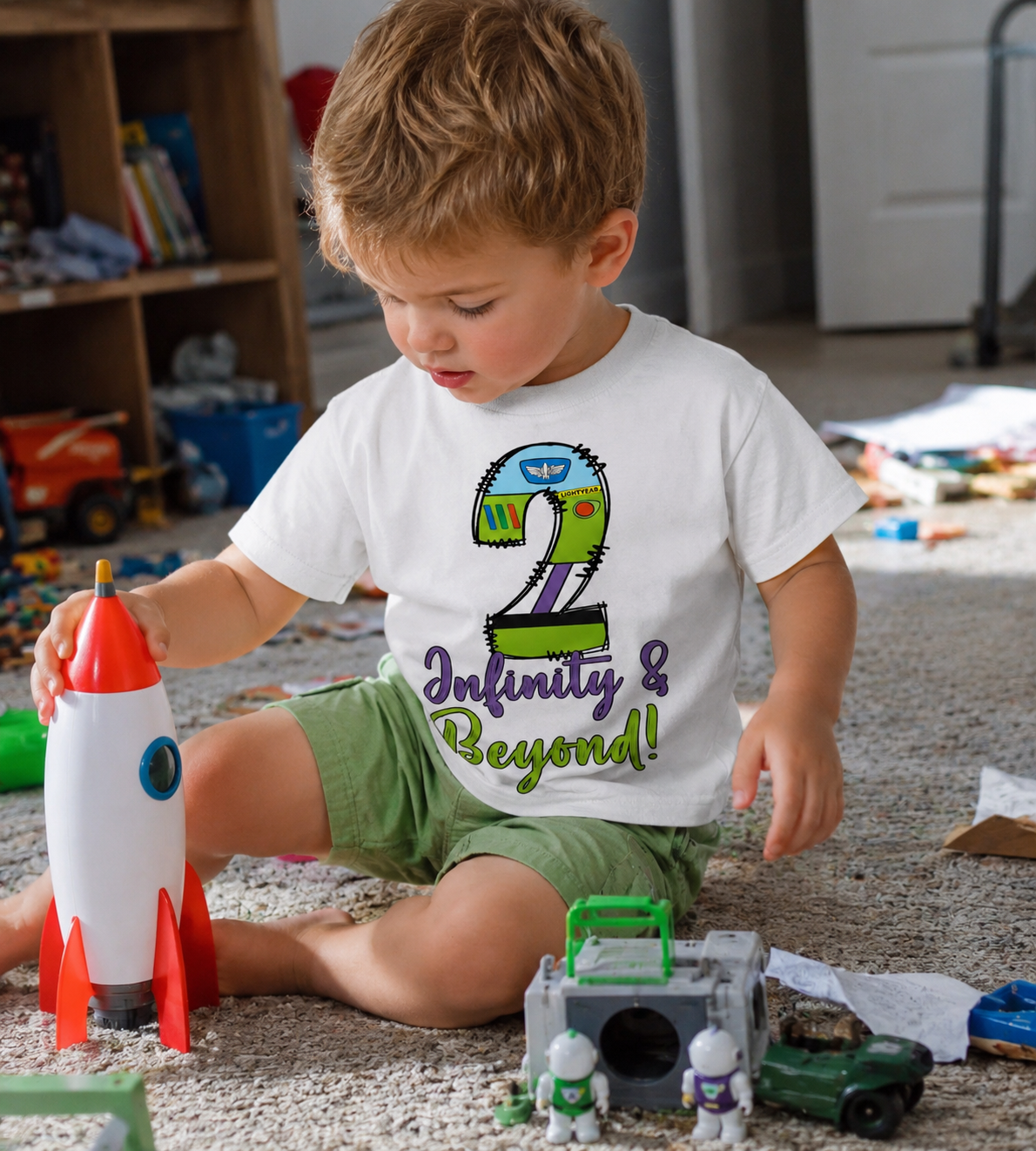 Celebrate Turning Two with Our 2 Infinity & Beyond Birthday T Shirt great toy story space ranger Buzz lightyear. boy playing with rocket