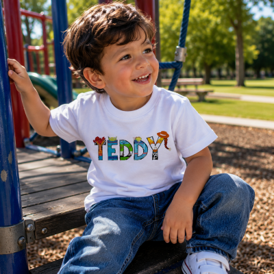 Personalised Toy Story Name T Shirt made from 100% cotton. Custom name design inspired by Buzz, Woody, Jessie, Forky, Bo Peep and Aliens. boy playing