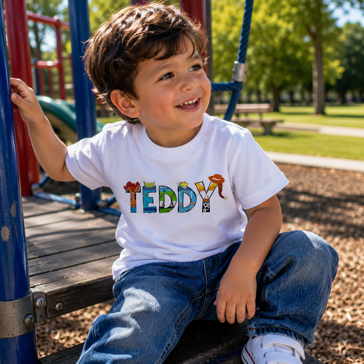 Personalised Toy Story Name T Shirt made from 100% cotton. Custom name design inspired by Buzz, Woody, Jessie, Forky, Bo Peep and Aliens. boy playing